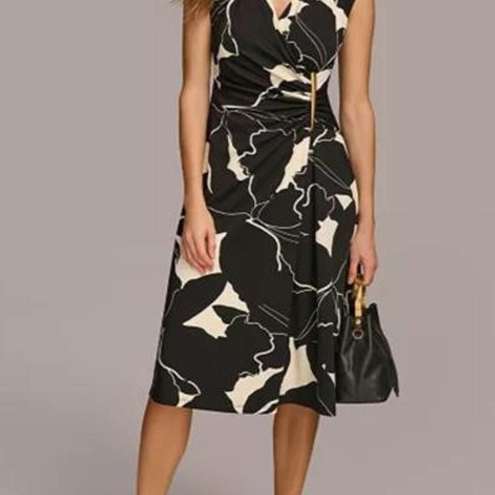 Donna Karen Black & white abstract floral print midi dress. Size 4
